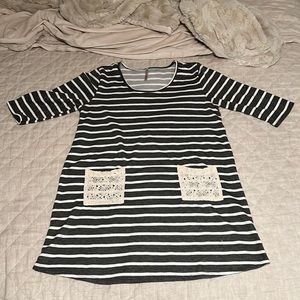 Gray with white stripes and lace pockets dress